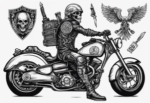 i want a tattoo of a motorcycle being ridden into the distance by a skeleton and the number plate to say “Viking Customs” tattoo idea