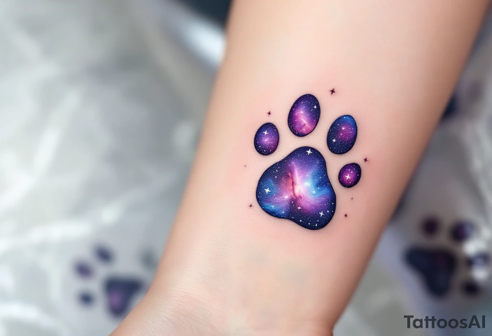 Galaxy Paw Prints – Small paw shapes filled with swirling purple, indigo, and midnight blue, with tiny white stars, resembling a galaxy trapped in each step. tattoo idea