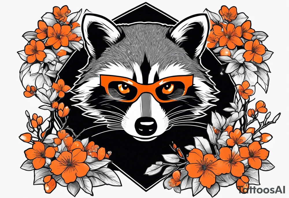 Raccoon wearing a white Superman logo on a black hoodie and orange Japanese cherry blossoms tattoo idea
