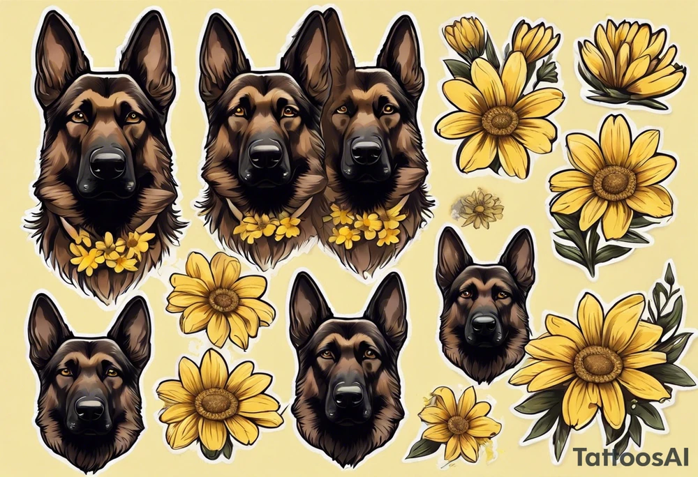 Dark Brown German shepherd portrait surrounded by yellow daisies tattoo idea