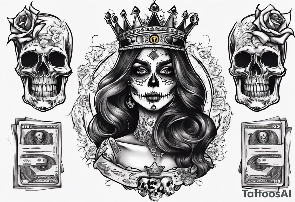 santa la muerta with money and crown
on the card tattoo idea