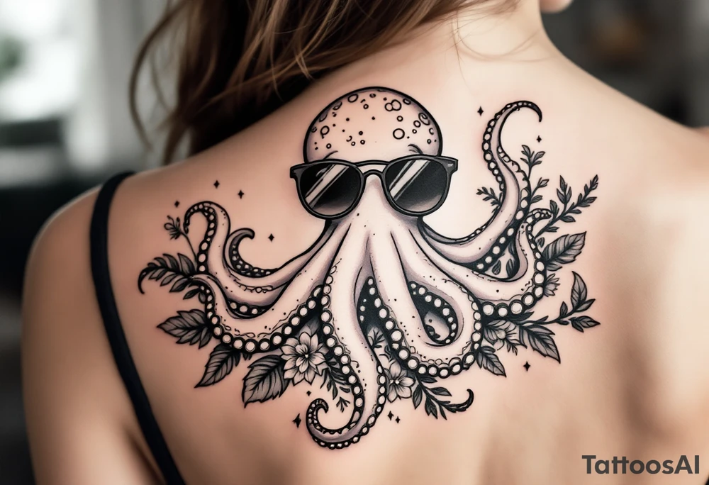 cute octopus, wearing sunglasses, friendly, surrounded by floral ornaments and oceanic items tattoo idea