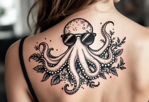 cute octopus, wearing sunglasses, friendly, surrounded by floral ornaments and oceanic items tattoo idea