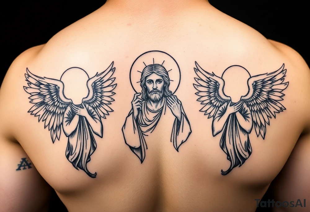 russian orthodox symmetrical guardian angel icon on left and right side of back with both angels holding up a jesus potrait tattoo idea