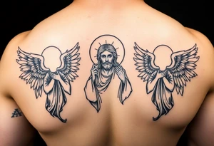 russian orthodox symmetrical guardian angel icon on left and right side of back with both angels holding up a jesus potrait tattoo idea