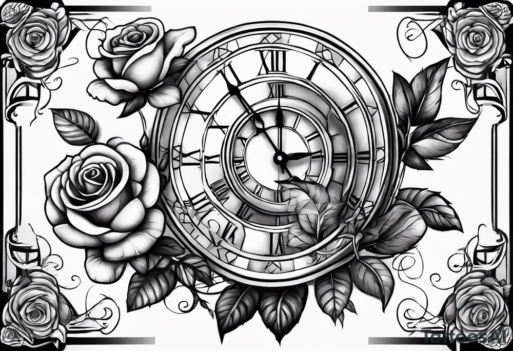 Roman statue next to a rose, clock and script tattoo idea Roman statue next to a rose, clock and script tattoo idea