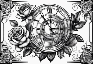 Roman statue next to a rose, clock and script tattoo idea