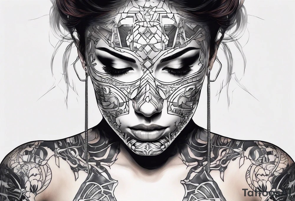 cyborg girl with human torso and face mask partly removed showing metal skeleton underneath tattoo idea