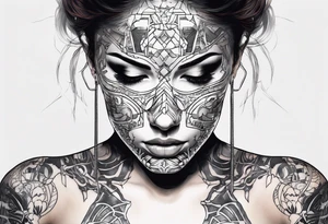 cyborg girl with human torso and face mask partly removed showing metal skeleton underneath tattoo idea