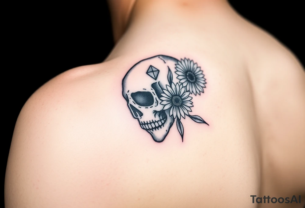Masculine skull with a diamond and daisy tattoo idea