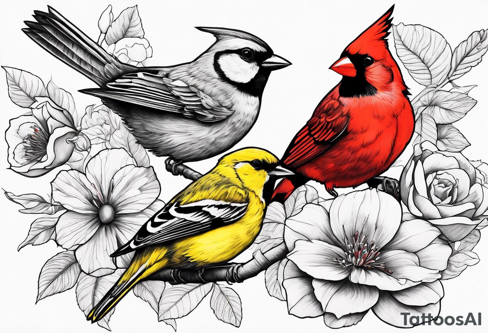 A flower garden with three birds: one red cardinal, one red-breasted hummingbird, and one yellow finch tattoo idea