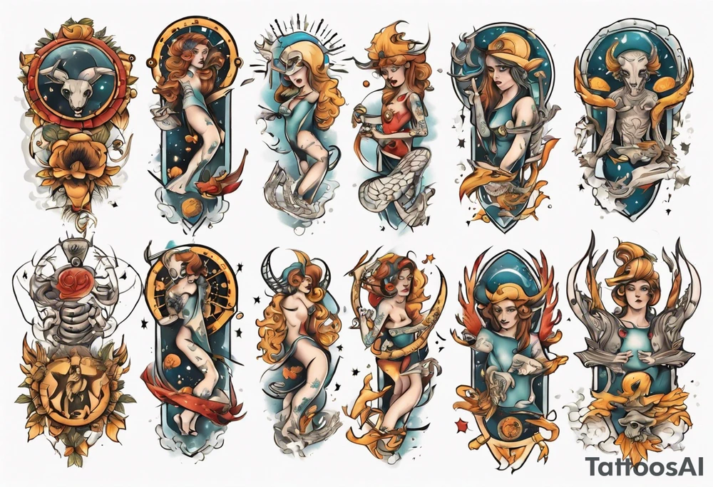 zodiac full arms tattoo idea