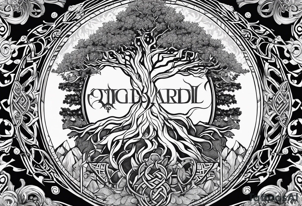 Yggdrasil and a long sword underneath surrounded by Nordic runes tattoo idea