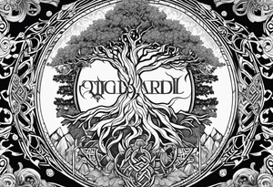 Yggdrasil and a long sword underneath surrounded by Nordic runes tattoo idea