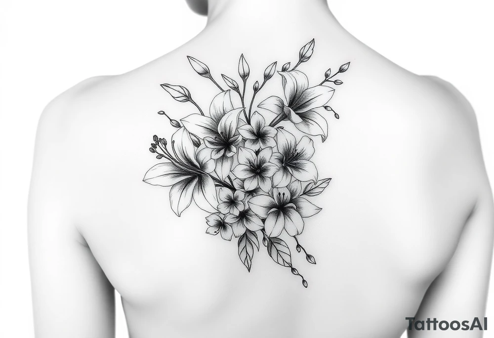 lilies with cherry blossoms and spider plant in a floral wrap on the arm tattoo idea