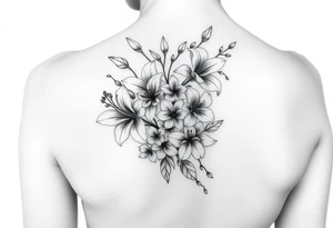 lilies with cherry blossoms and spider plant in a floral wrap on the arm tattoo idea