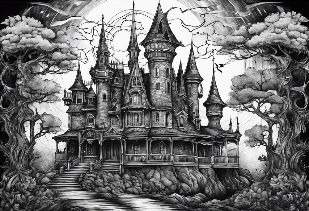 Scary rotting haunted castle tattoo idea