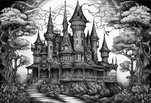 Scary rotting haunted castle tattoo idea