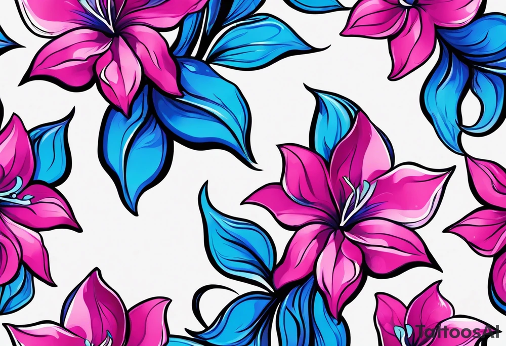 brushstroke abstract pink, purple, and blue mandevilla flowers on a vine, with color leaking out into the background. SOme of the flowers should be full color, and some just linework. It should have a handdrawn, sketch feel. tattoo idea