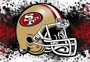 san Francisco 49er logo with team color specks of paint splatter tattoo idea