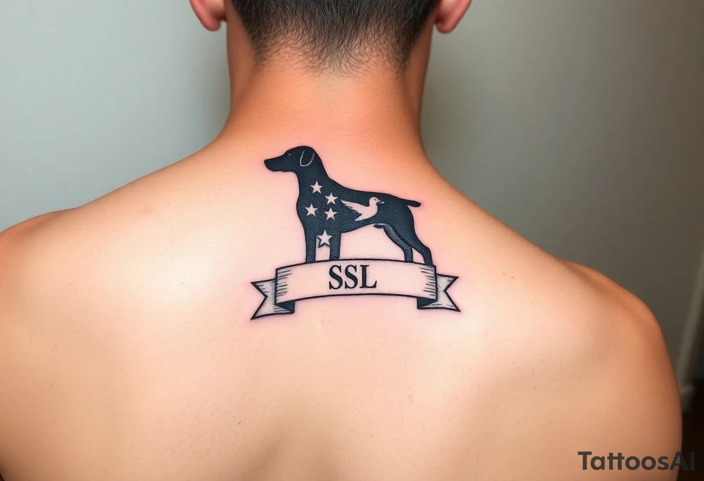 Small forearm Hunting tattoo with upland dog silhouette, Italian flag and American flag, SSL initials inside a banner, with some ducks in sky tattoo idea
