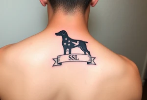 Small forearm Hunting tattoo with upland dog silhouette, Italian flag and American flag, SSL initials inside a banner, with some ducks in sky tattoo idea