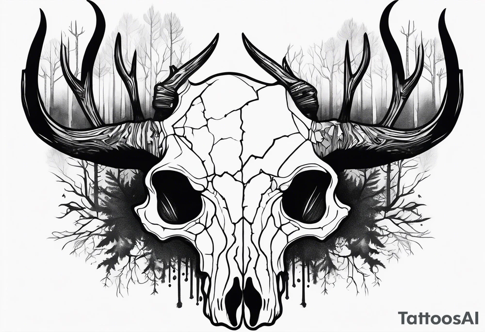 scary side view of a DECAYING deer skull JUST BONE surrounded by a forest fire in background tattoo idea
