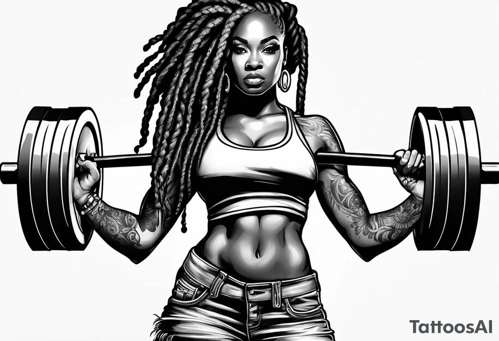 Black woman with locs full body holding barbell tattoo idea