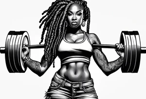 Black woman with locs full body holding barbell tattoo idea