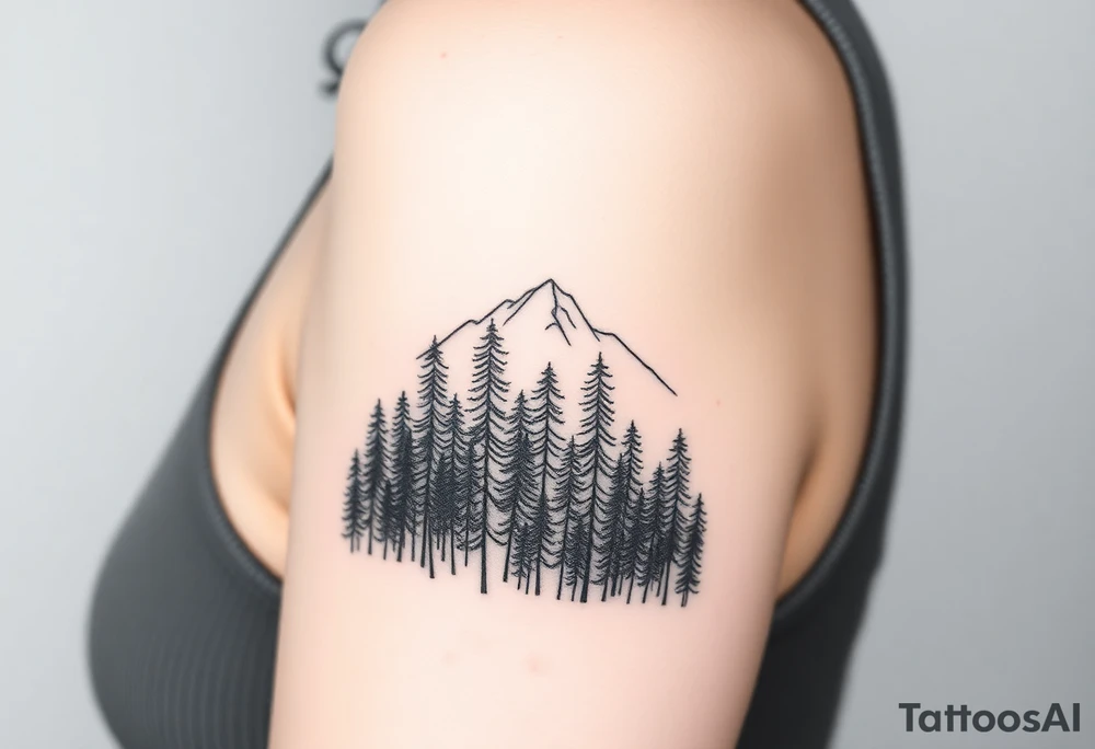 A minimalist tattoo of a forest with tall, slender trees leading toward a mountain range in the distance. The forest is dense at the bottom, filled with intricate fine lines, while the mountains gradually become more defined and detailed as they rise above the trees, representing the path out of struggle and into a clearer future. The tattoo could symbolize both the emotional journey of Exile and the hope and resolution in Out of the Woods tattoo idea