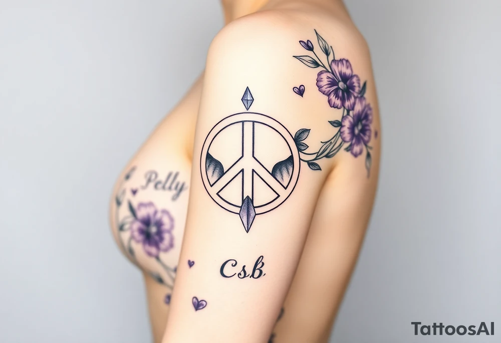peace symbol, dog prints, Pisces symbol, intertwined with violets, amethyst, initials csb in cursive font all intertwined together tattoo idea