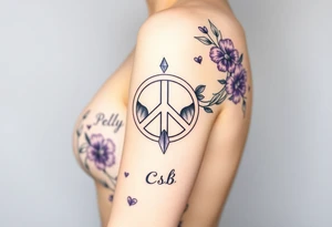 peace symbol, dog prints, Pisces symbol, intertwined with violets, amethyst, initials csb in cursive font all intertwined together tattoo idea