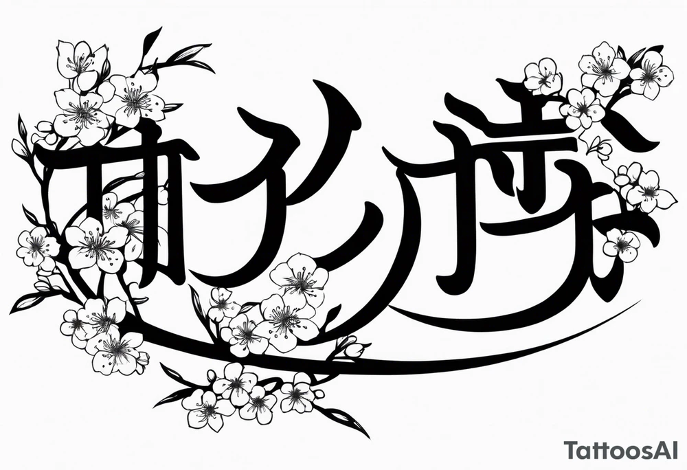 kanji leter for shadow inside half circle with small cherry blossoms tattoo idea
