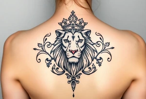 majestic lion wearing ornate crown, surrounded by baroque flourishes tattoo idea