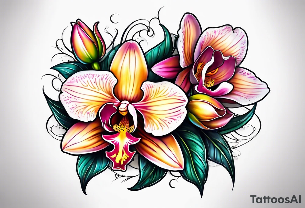 Cymbidum orchid with roses on each side tattoo idea