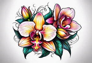 Cymbidum orchid with roses on each side tattoo idea