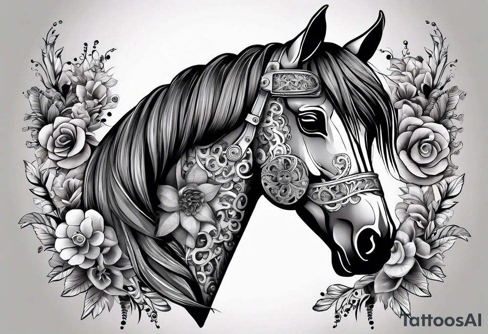 A horse head made fully out of gears. The horse's mane is made out of flowers tattoo idea