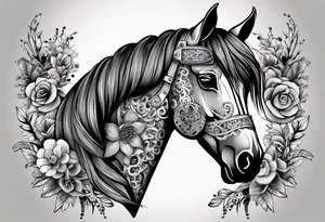 A horse head made fully out of gears. The horse's mane is made out of flowers tattoo idea