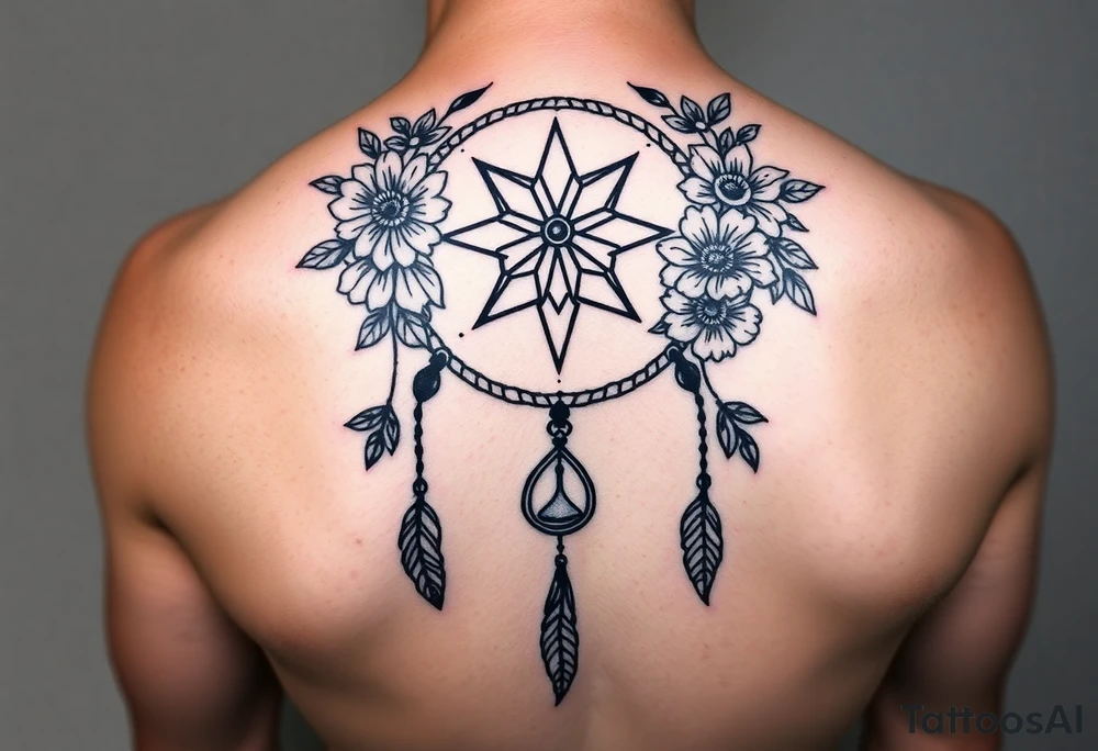 Boho dream catcher with gothic compass and hourglass. Beautiful flowers and an ornamental chandelier like look tattoo idea