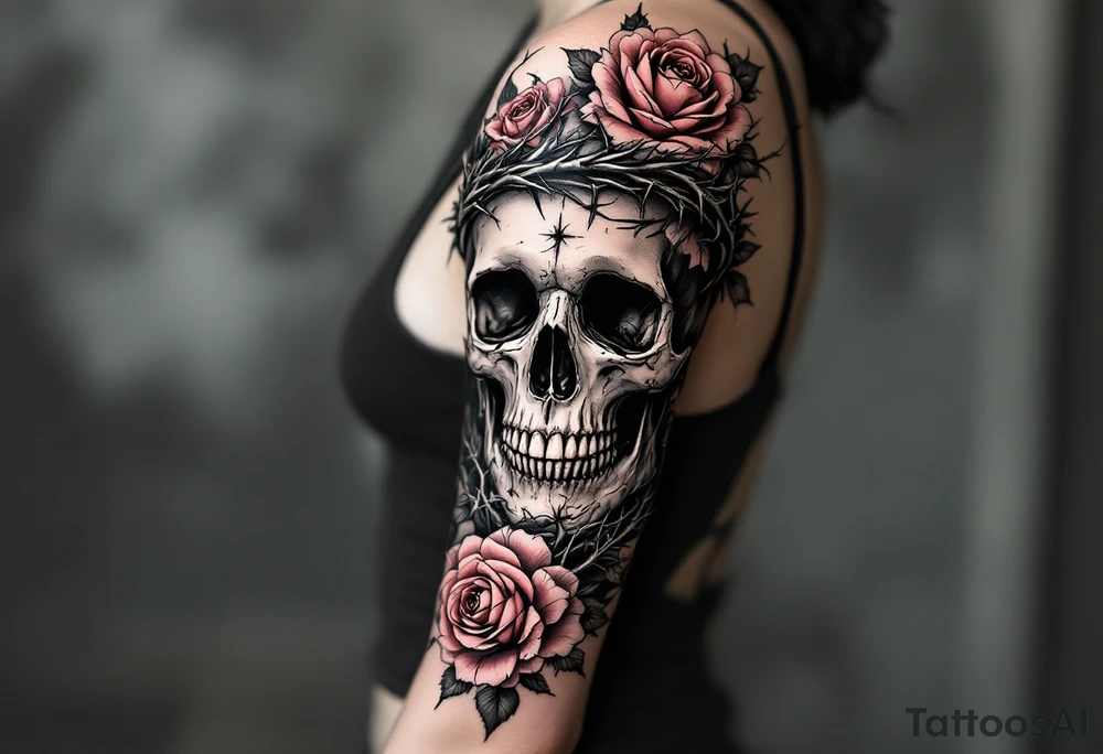 ornate skull adorned with crown of wild roses and thorns tattoo idea