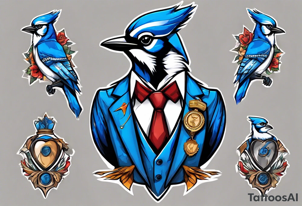 bluejay in a suit with a medal on around neck tattoo idea