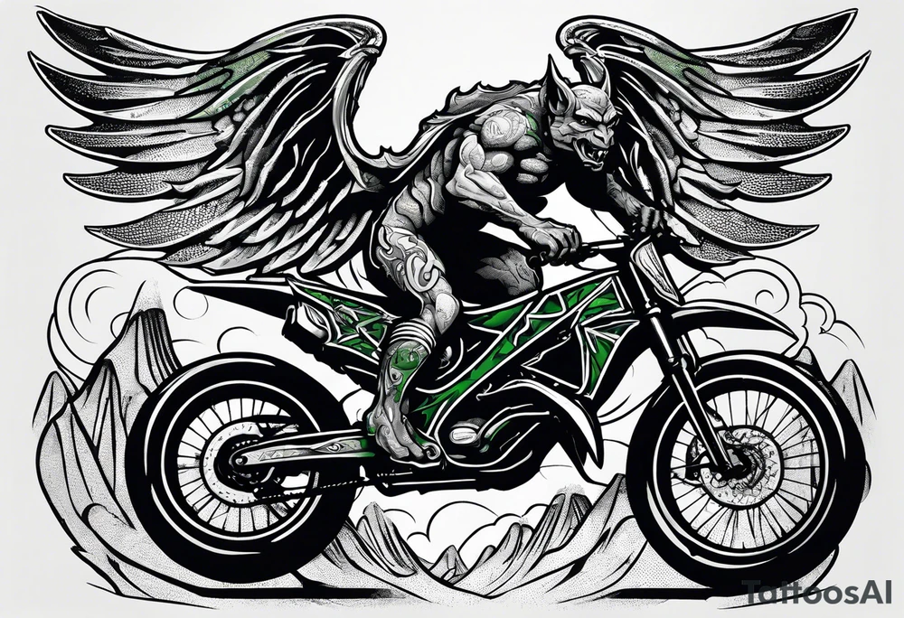 gargoyle riding a full suspension green mountain bike with a shadow no background with wings tattoo idea