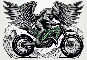 gargoyle riding a full suspension green mountain bike with a shadow no background with wings tattoo idea