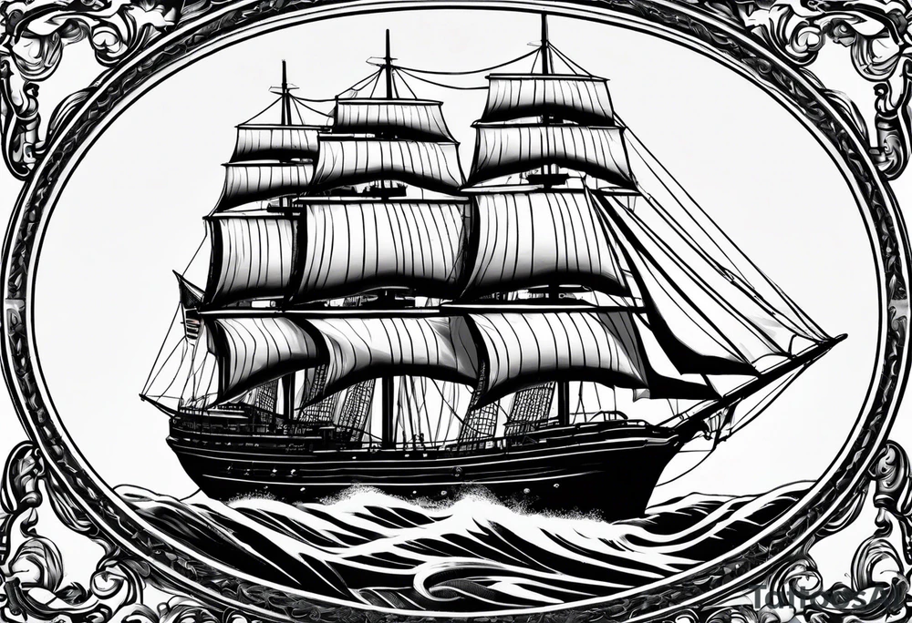 sailing ship in rough seas in oval with rope border super imposed over crossed cannons with banner that says US Navy tattoo idea