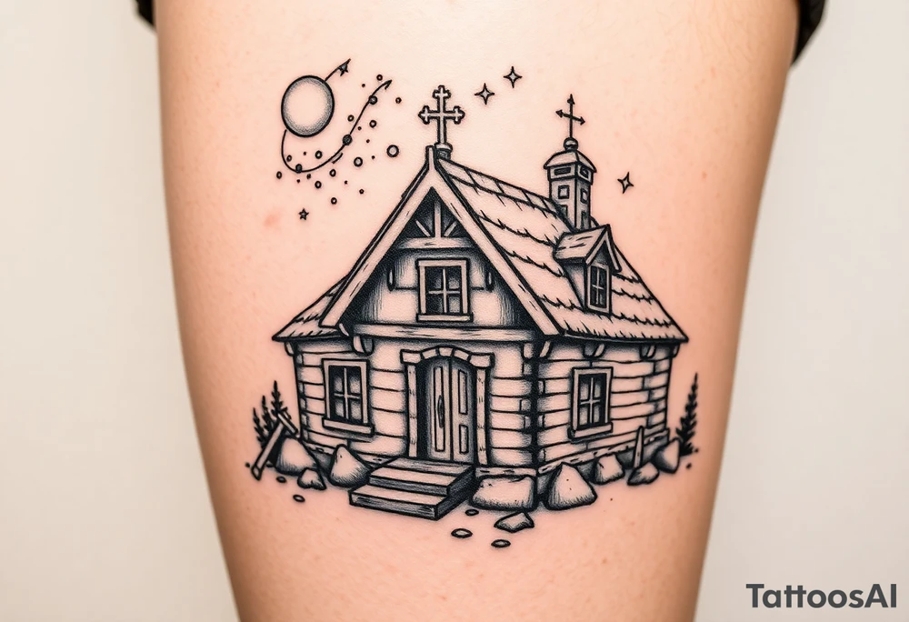 Nordic house with cosmic sky and celestial details. With a pickaxe out the front of the house tattoo idea