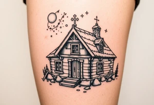 Nordic house with cosmic sky and celestial details. With a pickaxe out the front of the house tattoo idea