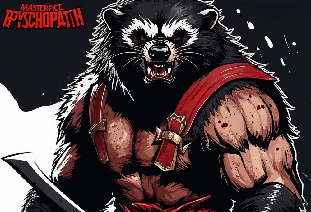Draw me psychopath Fearless Honey Badger/Berserker with aggressive full body, killer face with a scary smile, very long nails and he attacks like a Bloody Assassin/Warrior/Gladiator to us and also, he has very deadly looking. He fights with his nails only. Everybody scares after their first sight. Give me horror type Badger Tattoo. I want to see his Realistic full body with no weapons. You can show destruction at the back. tattoo idea