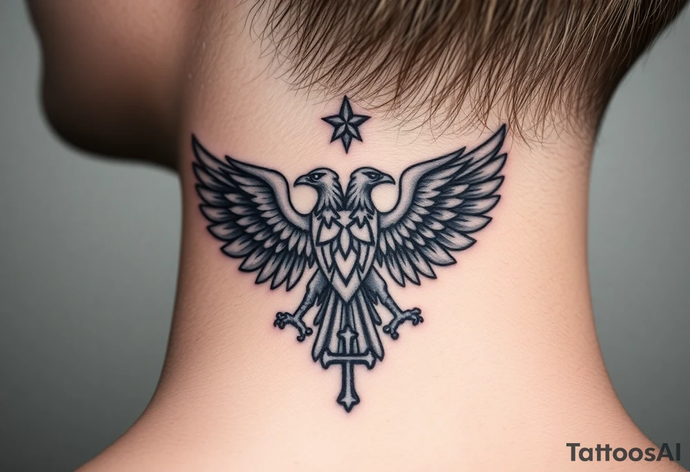 Double-headed eagle outline only (no shading) — suits neck skin which ages differently
Star above, small orthodox cross below tattoo idea
