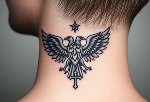 Double-headed eagle outline only (no shading) — suits neck skin which ages differently
Star above, small orthodox cross below tattoo idea