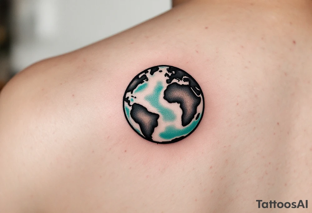 A small, minimalist Earth outlined in black with a hint of aqua and lime shading sits behind the ear. tattoo idea